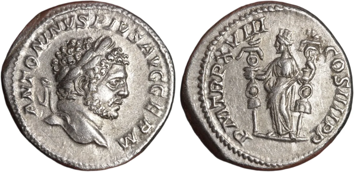 Caracalla Silver Denarius 215AD Fides Militum Reverse