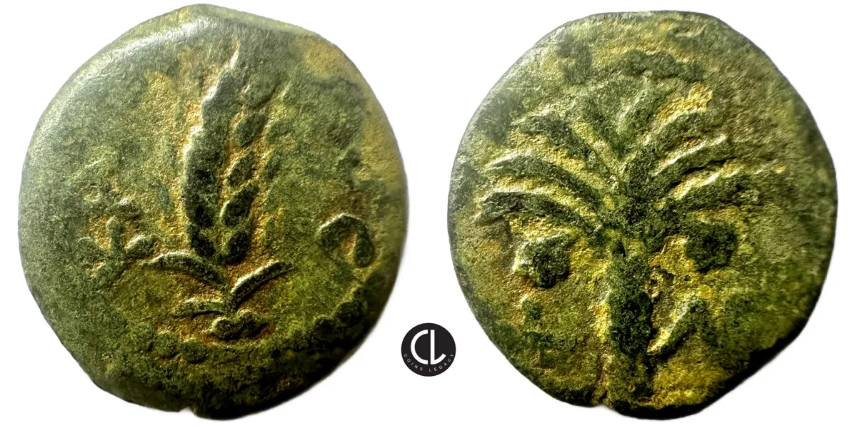 Judaea, Procurators, Marcus Ambibulus, AE Prutah, Year CY 39 = 8/9 AD, Grain Ear / Palm Tree