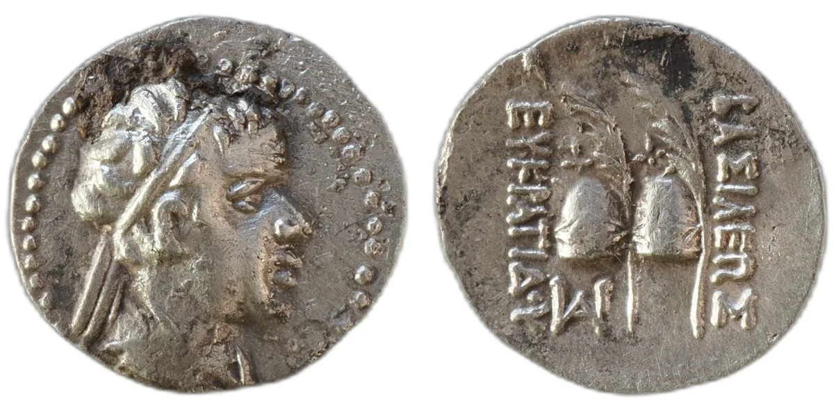 Greco-Bactrian Eucratides I AR Obol, Dioscuri caps, 171–160 BC