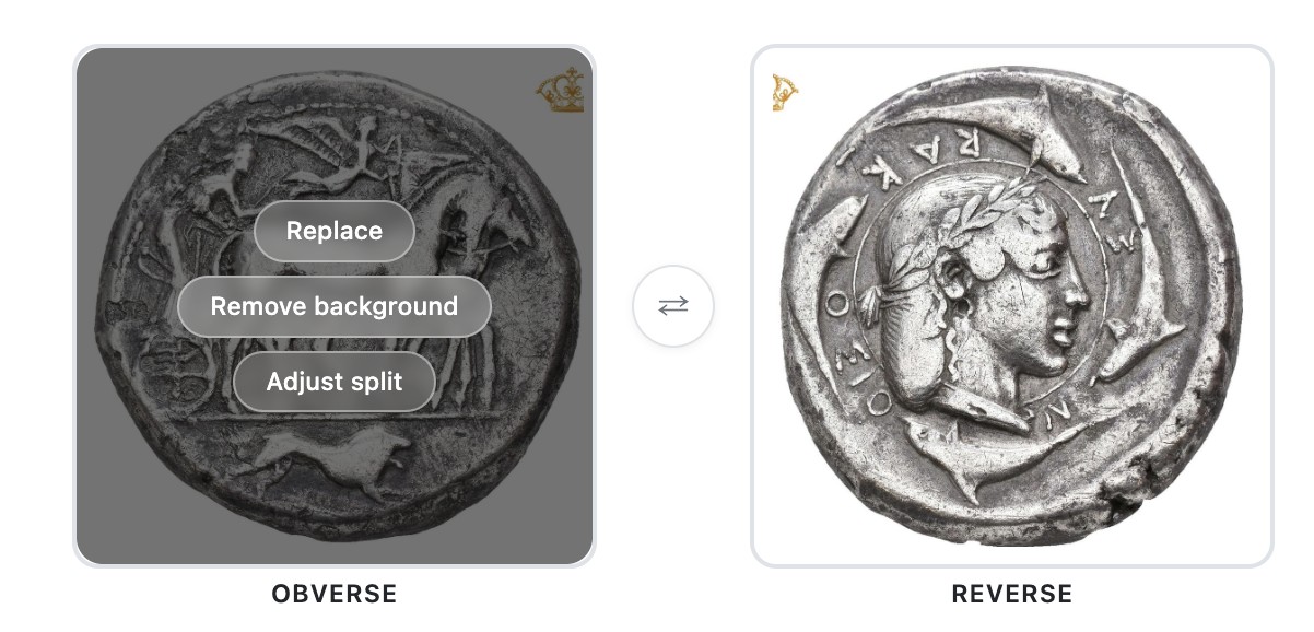A coin on its original grey background, with the Remove background option shown in the menu