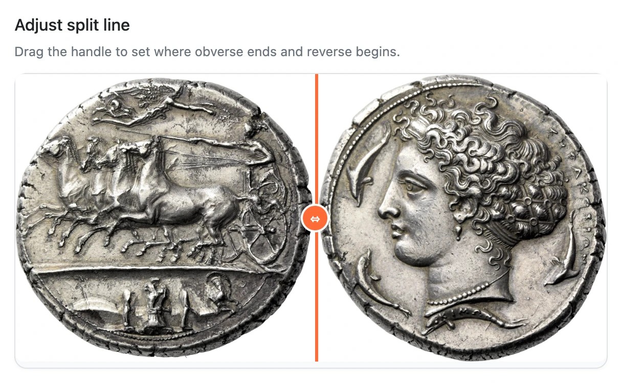 The adjust split line control, with a draggable handle between the obverse and the reverse